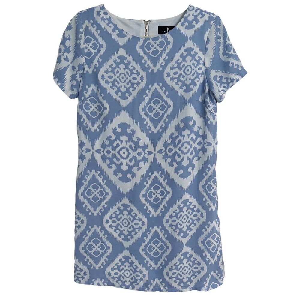 Lulu's Sz S Dress Give Me Print Ikat Shift Lined Back Zipper Light blue & White